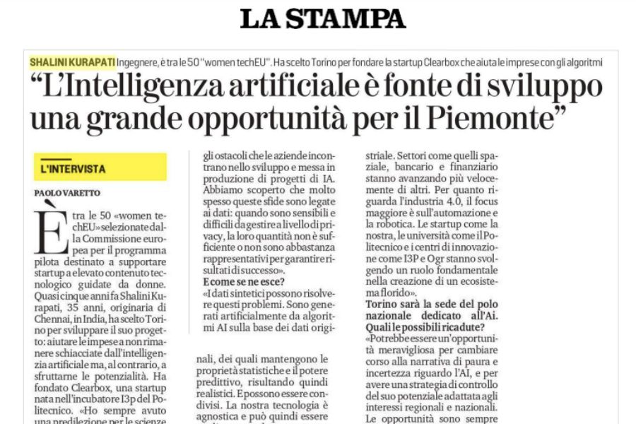 A screenshot of La Stampa's article about CLearbox AI