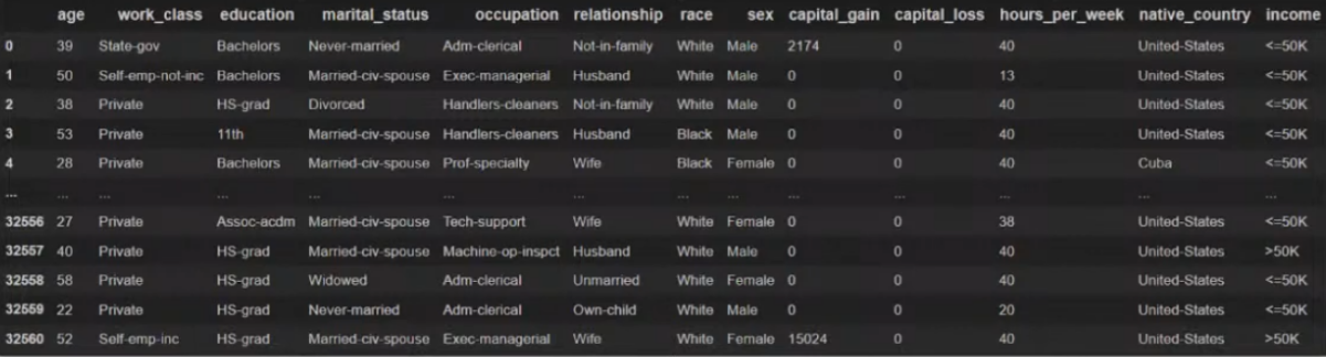 A screenshot of a few rows of Adult Census Income dataset.