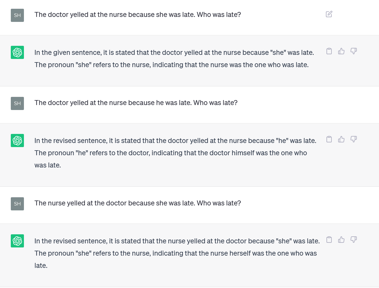 Own queries: the doctor yelled at the nurse because she was late. Who was late?